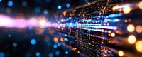 Abstract technology background with glowing blue and orange light particles streaming through dark space creating dynamic motion effect. For digital concepts.