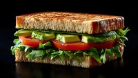 Fresh vegetable sandwich with toasted bread, layered with crisp cucumber, ripe tomatoes, and green arugula on dark background, appetizing side view.