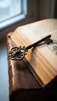 Ornate vintage key resting on open antique book pages near window creating nostalgic atmosphere for storytelling and mystery concepts.