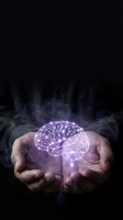 Cupped hands holding glowing purple brain with mystical smoke effects on dark background for mental health and neuroscience concepts.