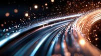 Glowing light trails curve through dark space with bright bokeh particles and streaks creating dynamic motion effect for technology backgrounds.