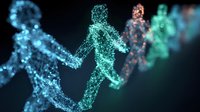 Glowing digital human figures connected in a chain, representing network, connectivity, and teamwork concept on dark background.