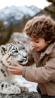 Young boy with curly hair gently petting snow leopard in mountain wilderness setting. Wildlife conservation and animal interaction concept.