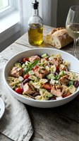 Mediterranean pasta salad with grilled salmon, cherry tomatoes, olives and feta cheese served in white bowl with wine and bread on rustic wooden table.