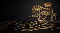 Elegant golden lotus flowers with flowing water waves on dark background. Minimalist line art design for luxury branding, spa wellness, meditation concepts.