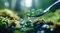 Macro photography of crystal clear water drops on silver spoon against green nature background, showing surface tension and reflection in morning dew drops.