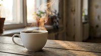 Steaming hot coffee cup on rustic wooden table by sunny window creating cozy morning atmosphere in warm kitchen interior for relaxation and comfort.