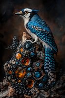 Mystical blue jay perched on crystalline rock formation with glowing amber and blue gemstones against dark atmospheric background, creating magical nature scene.