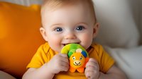 Adorable baby in yellow outfit biting colorful teething toy with happy expression against orange background. Concept of child development and teething period.