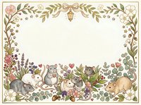 Woodland animals frame with cute mice, rabbits and floral elements on cream background. Decorative border for invitations, cards and nursery designs.