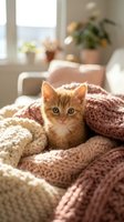 Adorable orange tabby kitten nestled in cozy knitted blankets on sunny windowsill creating warm domestic atmosphere for pet care and home comfort content.