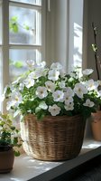 White flowering begonias in woven basket on sunny windowsill, natural light streaming through window creates soft shadows and peaceful home garden atmosphere.