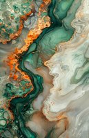 Abstract fluid art in emerald green, copper, and white tones featuring organic flowing patterns and metallic accents. Marble-like swirls create dynamic movement.