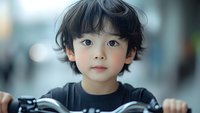 Young Asian boy with expressive eyes and messy black hair wearing dark shirt, looking directly at camera with innocent expression against blurred background.