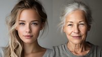 Aging process comparison showing young Caucasian woman with blonde hair and senior woman with silver hair against neutral background.