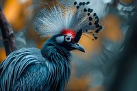 Exotic crowned crane close-up portrait showing distinctive blue feathers and decorative head plumage against blurred orange and teal background. Wildlife photography.