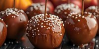 Caramel apples coated in milk chocolate and sprinkled with sea salt crystals on dark surface, close-up view showing glossy coating and drips.