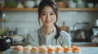 Young Asian woman food photographer smiling at camera with fresh salmon nigiri sushi arranged on marble counter in modern kitchen setting.