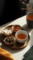 Ceramic bowls with Mediterranean appetizers and herbal tea on wooden tray in morning sunlight, creating dramatic shadows and warm atmosphere.
