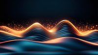 Glowing orange and blue waves with sparkles create dynamic motion effect against dark background. Abstract light trails form flowing energy pattern.