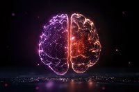 Glowing brain with purple and orange neon light effect floating over city skyline at night, representing artificial intelligence and cognitive technology advancement.