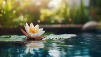 White water lily floating on tranquil blue water surface with green lily pads and soft bokeh sunlight creating peaceful zen atmosphere in garden pond.
