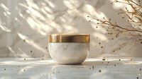 Luxury white cosmetic cream jar with gold lid on marble surface under natural sunlight and plant shadows, elegant beauty product photography.