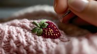 Delicate embroidery process showing detailed strawberry with green leaves being stitched on pink textured fabric, close-up macro shot with soft focus background.