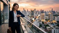 Professional woman in business attire standing on high-rise balcony overlooking cityscape at sunset, urban success and corporate ambition concept for business and lifestyle use.