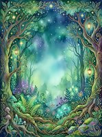 Enchanted forest frame with ornate golden trees, glowing lanterns, and magical starlit sky opening to mystical woodland landscape with luminescent plants and ethereal atmosphere for fantasy art and design projects.