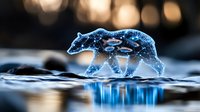 Glowing blue polar bear silhouette walking on reflective water surface against dark bokeh background, artistic nature photography with magical effect.
