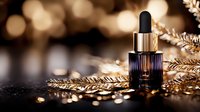Luxury essential oil dropper bottle with golden decorative elements against dark background with bokeh lights and metallic feathers. Suitable for cosmetics.
