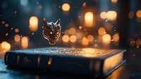 Magical wolf spirit emerging from ancient book with glowing bokeh lights and floating particles, mystical fantasy atmosphere on dark background.