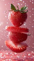 Fresh strawberry slices floating in air with water drops and splashes against pink background, dynamic food composition showing inner texture and juiciness.