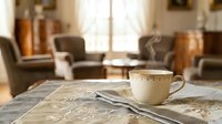 Steaming cup of tea on an elegant embroidered tablecloth in a classic living room with vintage furniture in soft focus.