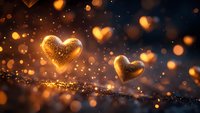 Glowing golden hearts floating with magical sparkles and bokeh lights against dark background, romantic atmosphere for Valentine's day and love concepts.