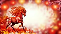 Red fire horse with ornate patterns galloping through flames on warm bokeh background with cherry blossoms for Chinese New Year celebrations.