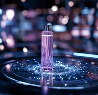 Elegant glass bottle with pink liquid on reflective surface surrounded by glowing light particles and bokeh effects in dark blue atmospheric setting.
