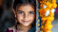 Young girl wearing traditional South Asian attire with ornate jewelry and marigold flowers in her hair, smiling warmly against blurred background in natural lighting.