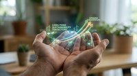 Hands holding holographic display showing upward growth trajectory with sustainability and long-term profitability concepts in modern office environment.