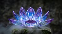 Crystal lotus flower with purple and blue luminescent glow on natural stone surface. Spiritual meditation symbol for wellness, mindfulness and energy healing practices.