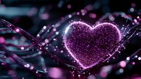 Glowing purple heart with sparkling particles and light trails on dark background for romantic designs and Valentine's Day projects.