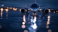 Commercial passenger aircraft on wet runway at night with dramatic lighting and bokeh reflections from landing lights creating atmospheric aviation scene.