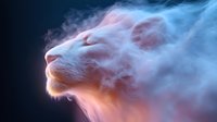 Mystical white lion profile with glowing smoke effect in blue and pink colors against dark background, artistic digital artwork for spiritual designs.