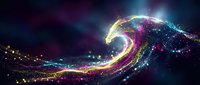 Glowing spiral wave of colorful particles and light effects flowing across dark background, suitable for digital art, motion graphics, and technology designs.