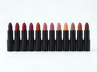 Row of colorful lipsticks in black tubes displaying various shades from deep burgundy to nude tones arranged in gradient order on white background.