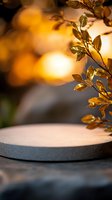 Round concrete platform with golden leaves and warm bokeh background creates atmospheric product display setting for cosmetic and retail presentations.