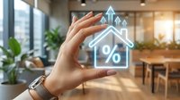 Female hand protecting glowing house icon with percentage symbol and upward arrows in modern office space representing real estate investment growth.