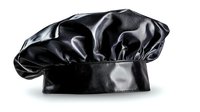 Black leather chef hat isolated on white background for culinary design projects and restaurant branding materials.