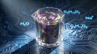 Glass beaker with purple liquid on digital circuit board background with chemical formulas for laboratory research and scientific experiments.